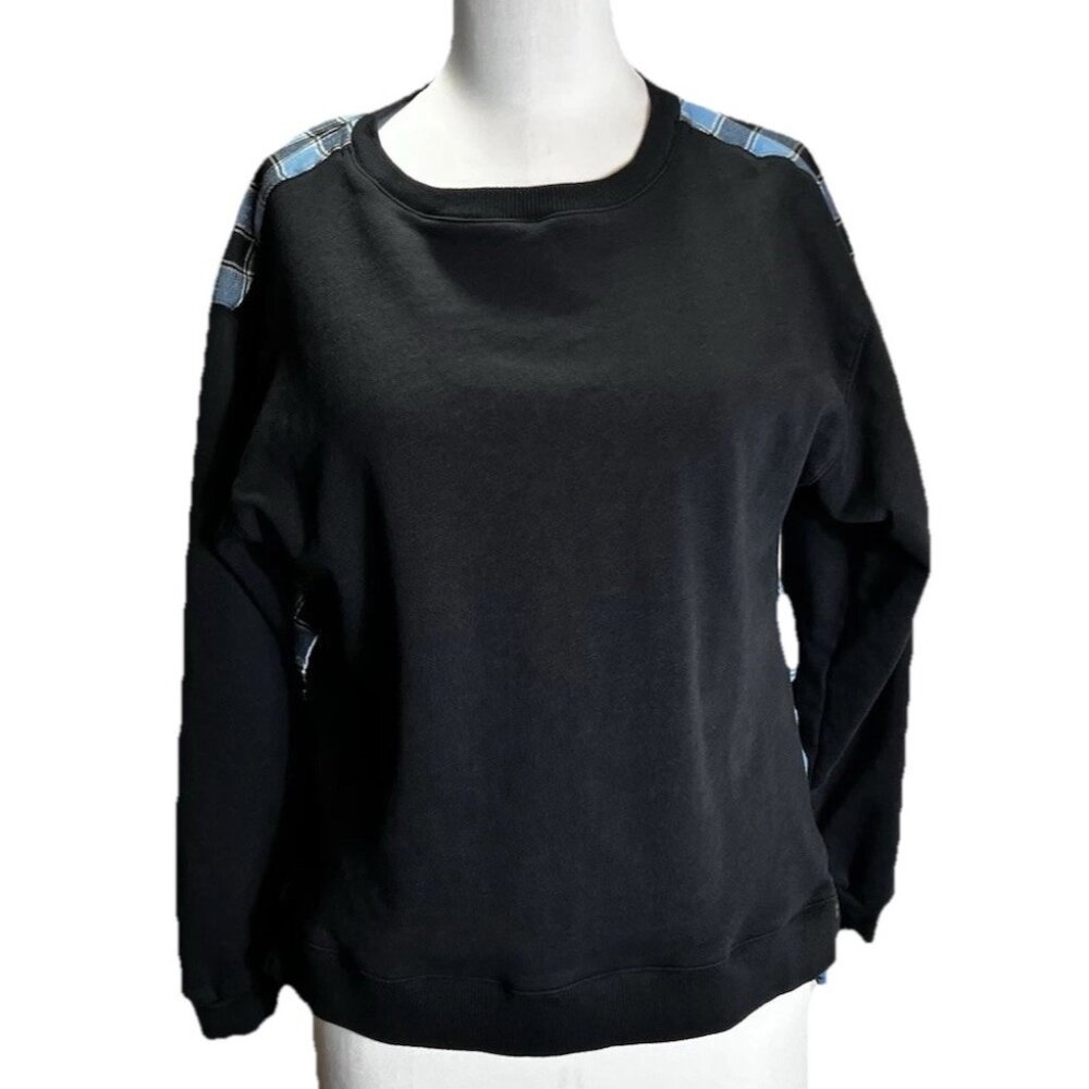 Pilcro Sweatshirt Women's Size Medium Long Sleeve Navy & Plaid Gathering In Back